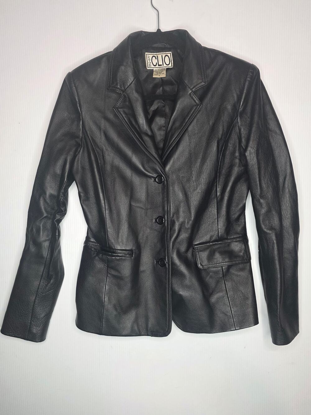 Clio Black Genuine Leather Blazer Women's Size 4 Tailored Classic Jacket